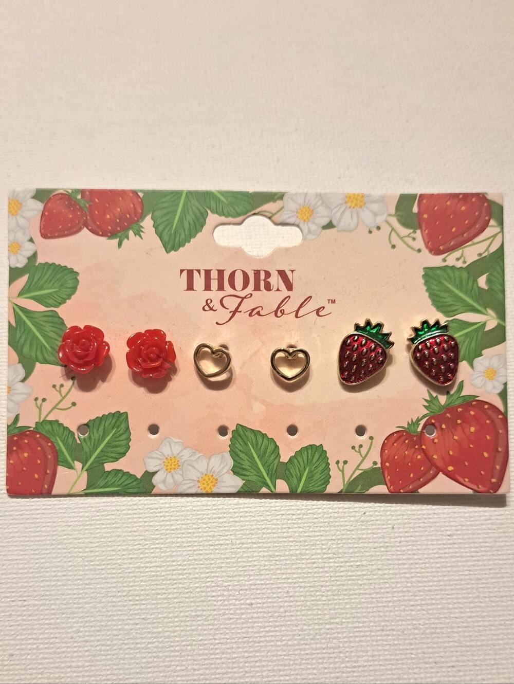 4/$15 🌻 NWT Thorn & Fable Strawberry, Rose & Heart Earring Set of 3 - Red Gold